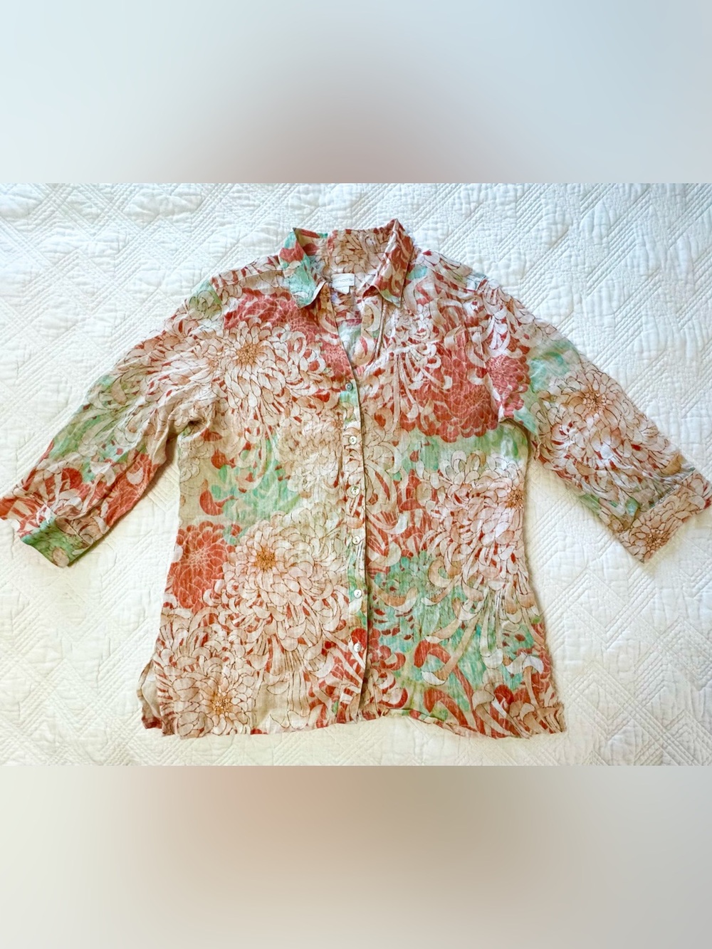 Chico's Linen Floral Button-Front Top in Coral, Mint, and Cream Size 8-10 (Sz 1)